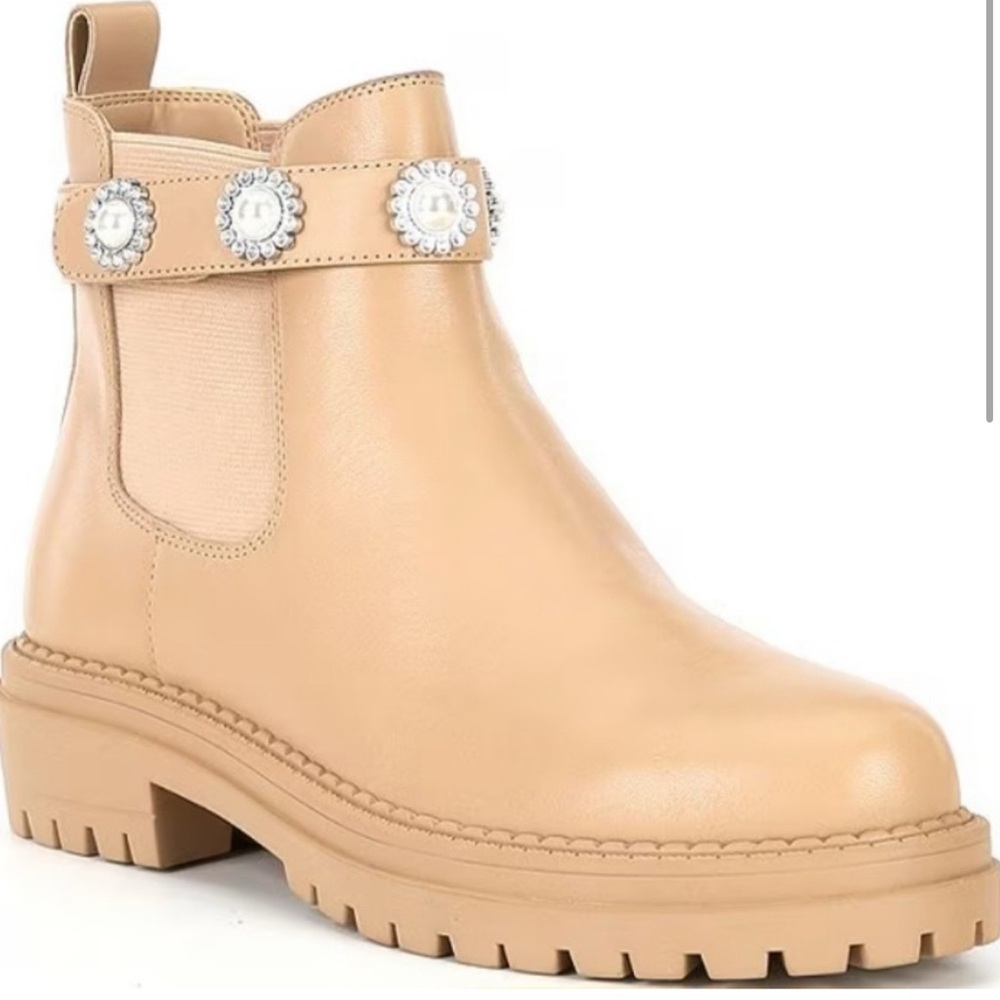 Copper Key Pearl Rhinestone Tan Leather Slip-on Chelsea Ankle Boots Booties